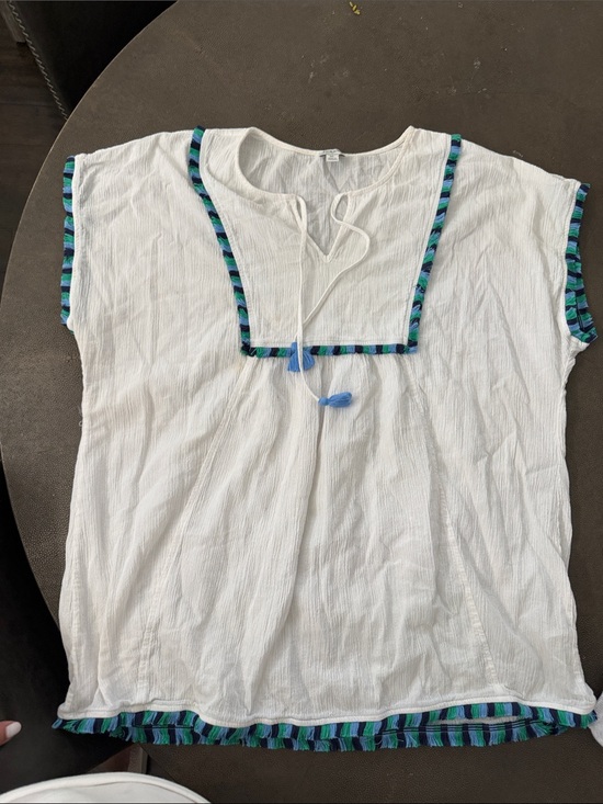 J. Crew Tops - J. Crew White Peasant Tunic with Blue and Teal Trim